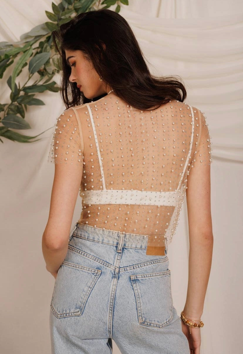 Pearl Rhinestone Mesh Top