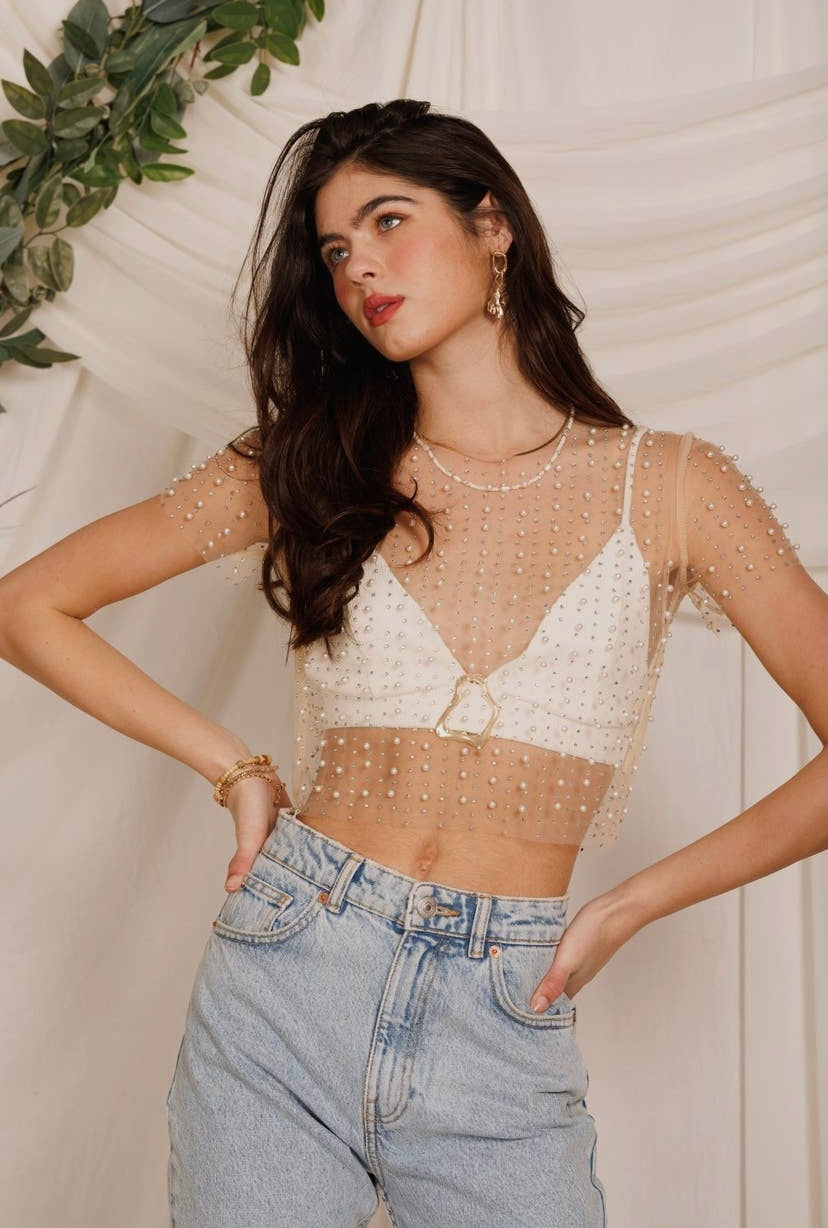 Pearl Rhinestone Mesh Top