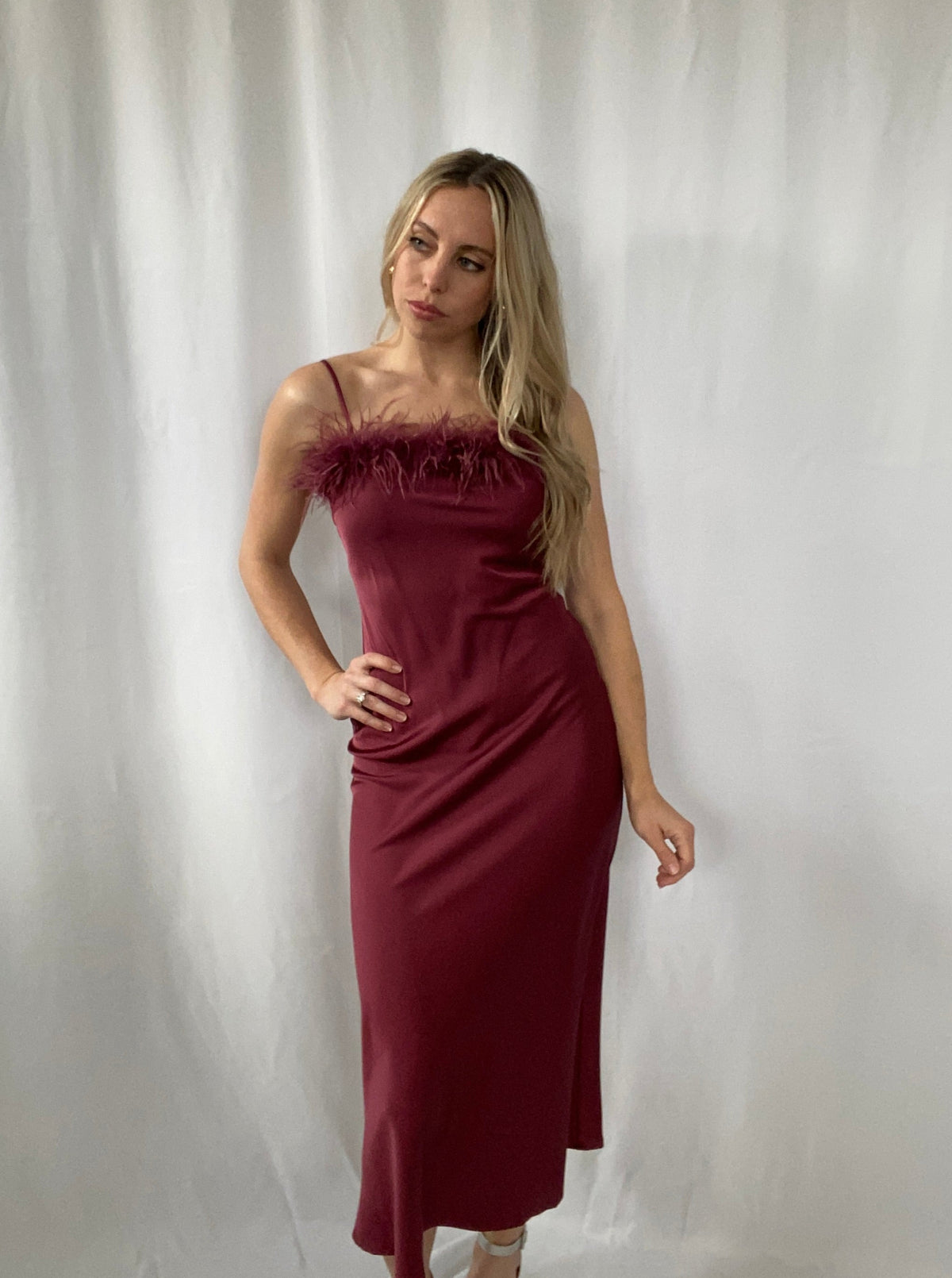 satin dress with fur Luxurious Satin Gown With Faux Fur Wrap