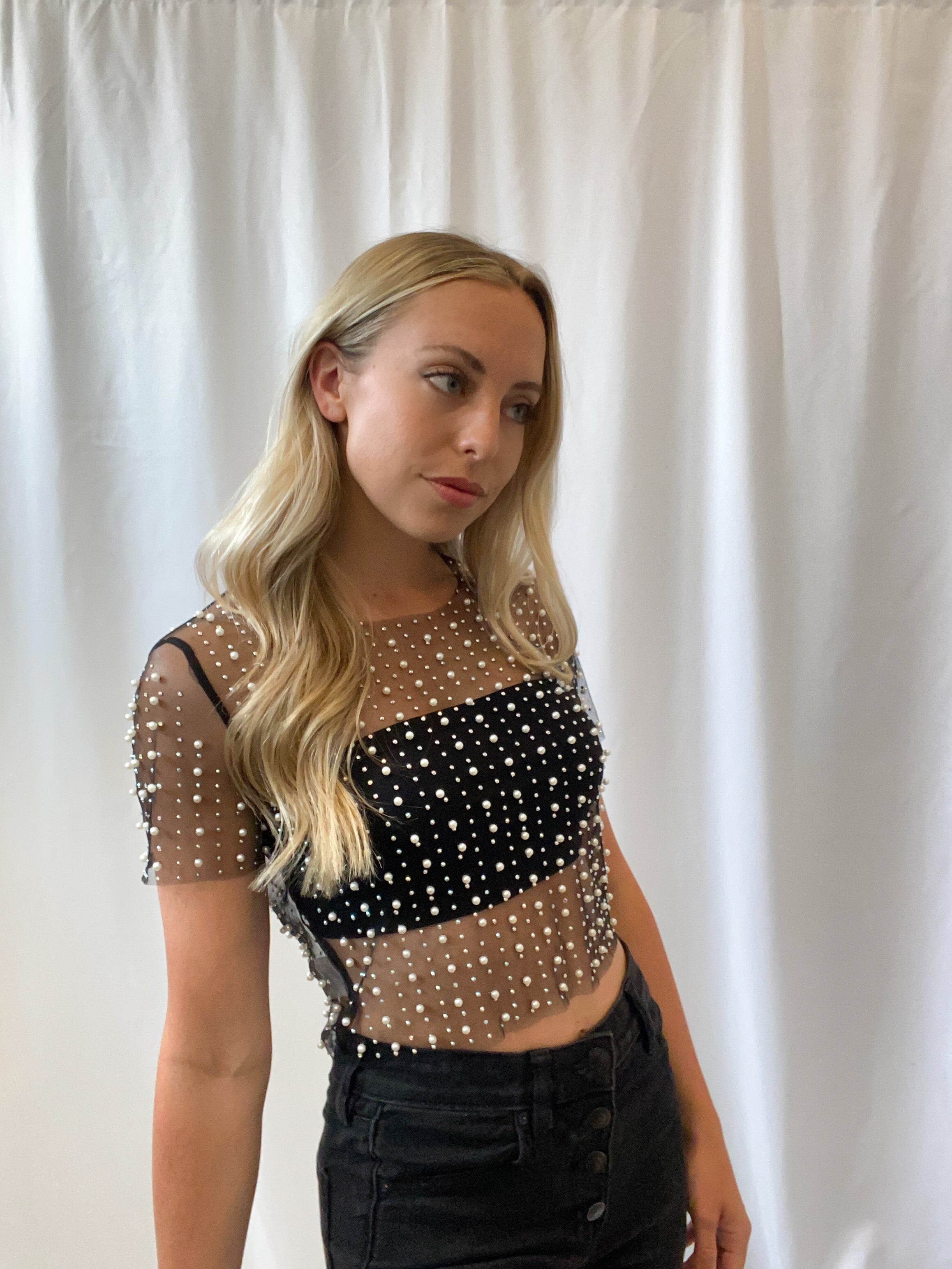 Pearl Rhinestone Mesh Top