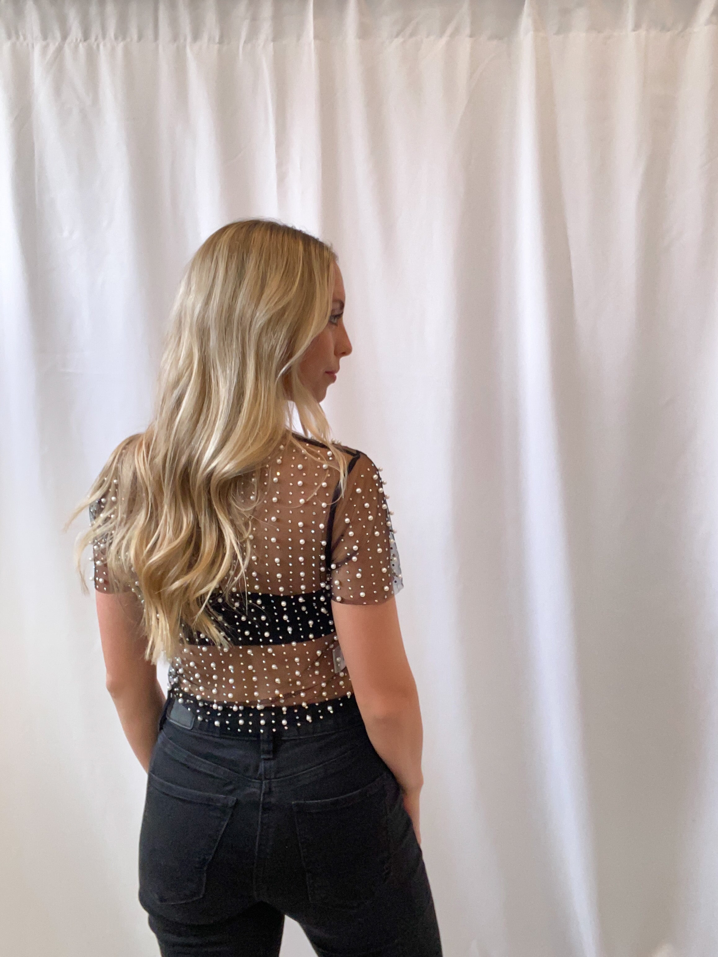 Pearl Rhinestone Mesh Top