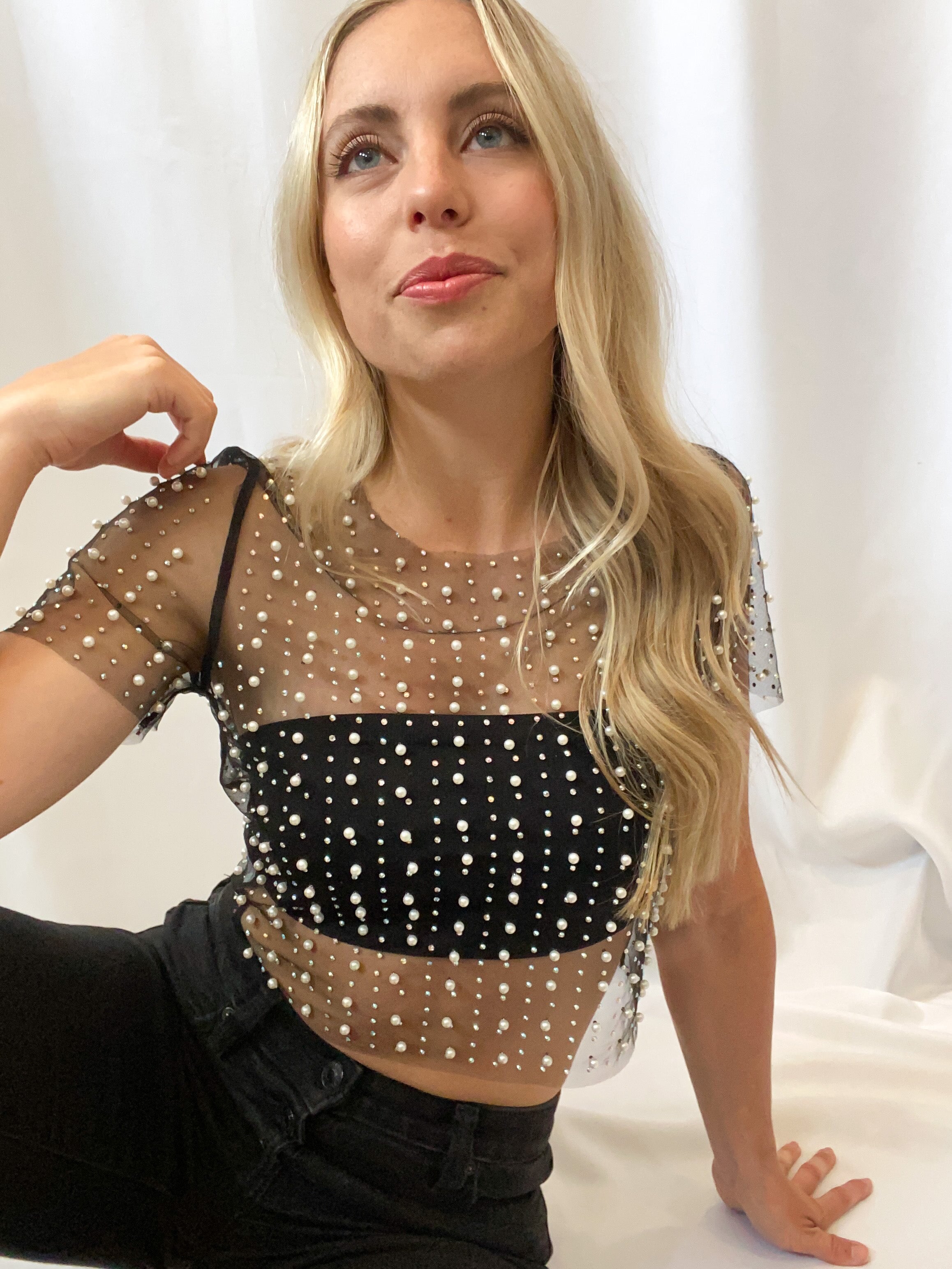 Pearl Rhinestone Mesh Top