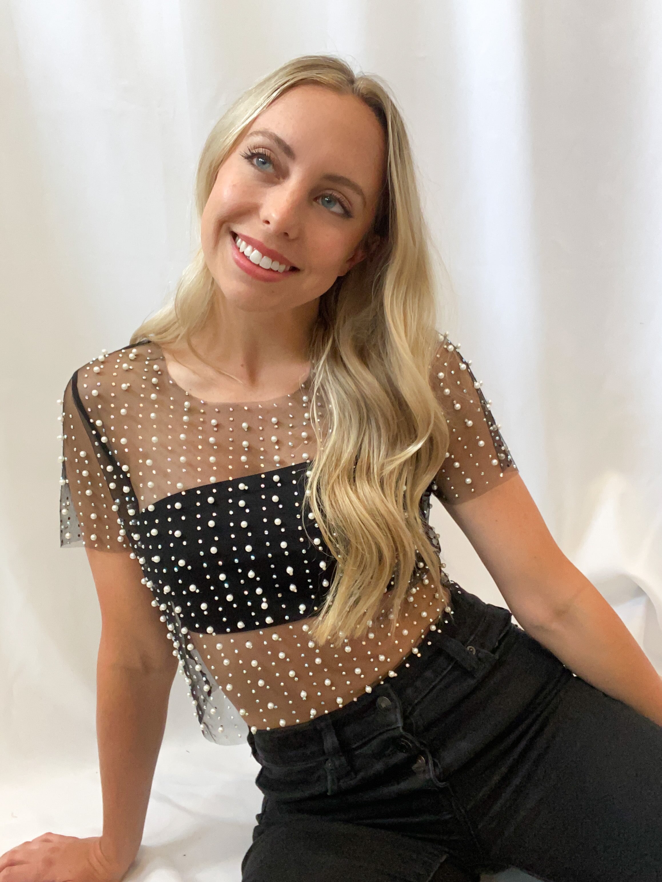 Pearl Rhinestone Mesh Top